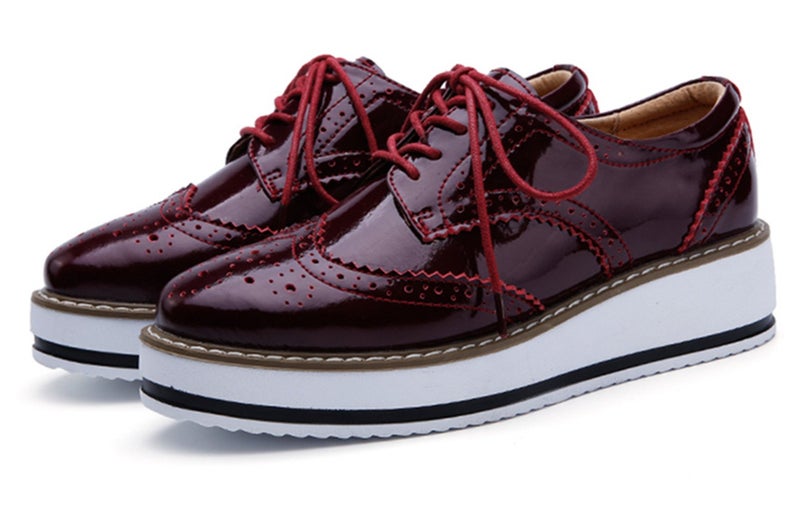 DADAWEN Women's Platform Lace-Up Wingtips Square Toe Oxfords Shoe Red US Size 8/Asia Size 40/25cm - Image 2